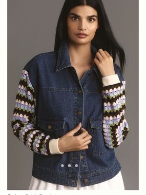 Anthropologie Blue Denim Jacket with Multicolor Crochet Sleeves